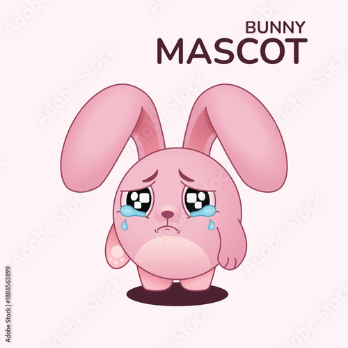 Sad Crying Pink Bunny Mascot with Tears Cartoon Character