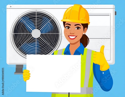 HVAC technician with sign in front of air conditioner.