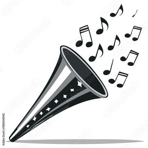 Illustration of a cartoon bugle with musical notes, graphic design