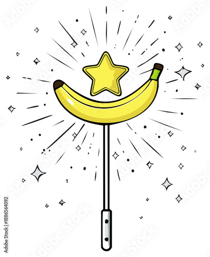 Whimsical Banana and Star Magic Wand Illustration with Sparkles