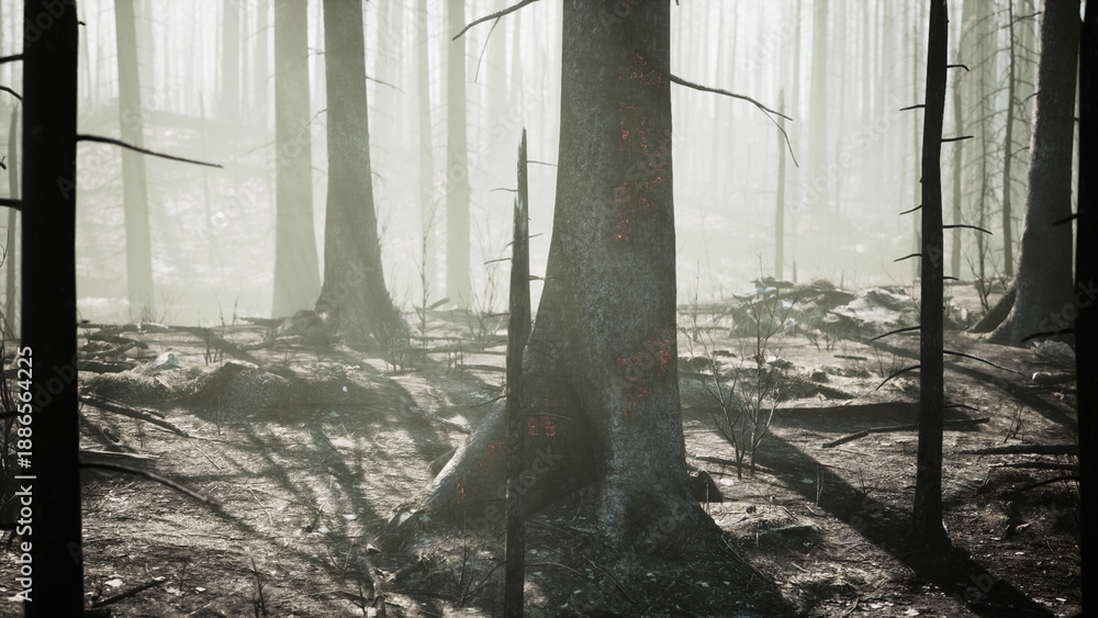 Fototapeta premium Ghostly trees stand in a foggy forest, remnants of a recent fire. Charred trunks and shadowy ground create an eerie yet captivating scene in natures recovery phase.