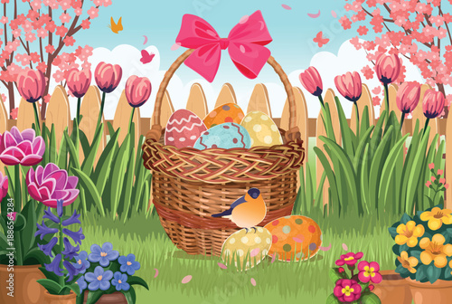 An Easter basket with eggs stands in a beautiful flower garden. Collect eggs. Happy Easter.