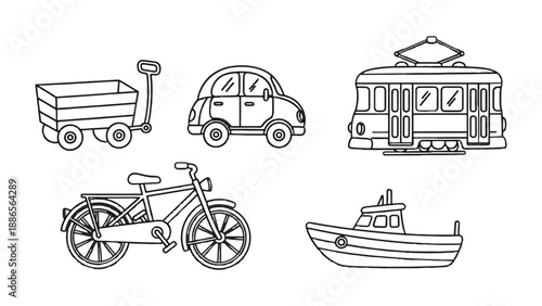 Vehicular Variety: A collection of various vehicles, including a pushcart, car, tram, bicycle, and boat.