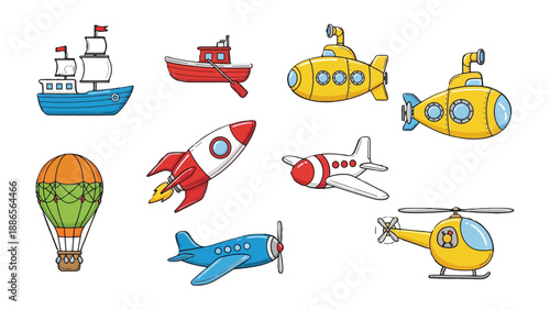 Air, Sea, and Space: A collection of vibrant illustrations showcase a variety of transport, perfect for playful educational purposes and creative projects.