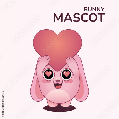 Pink Bunny Mascot Holding Love Heart Character Vector Art
