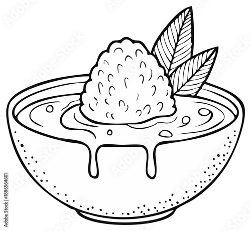 Ink drawing of a bowl of soup with a fluffy ingredient and leafy garnish