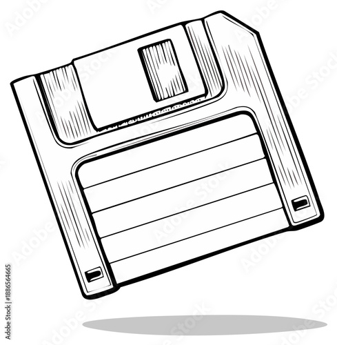 Vintage Black and White Floppy Disk Illustration 80s Storage Media Technology