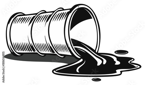 Barrel spilling oil, black and white illustration of pollution, environmental damage.