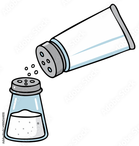 Cartoon salt shaker pouring granules into another shaker kitchen seasoning condiment illustration