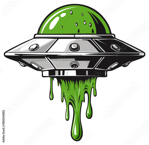 Vintage Style UFO with Green Slime Dripping.  Flying saucer, alien spaceship in classic vector art, retro science fiction concept.
