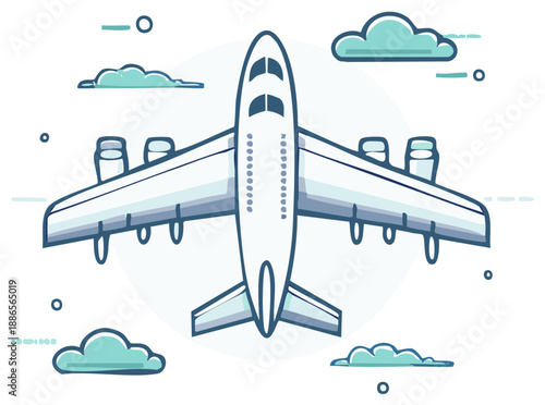 Airplane in flight with clouds, vector illustration in minimal flat line art style showing perspective with clean design