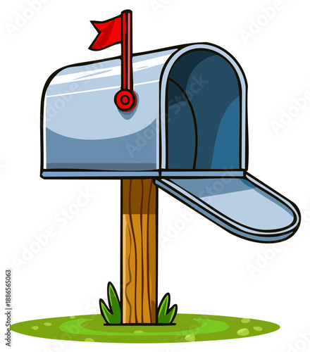 Cartoon illustration of an open and empty metal mailbox with a red flag up