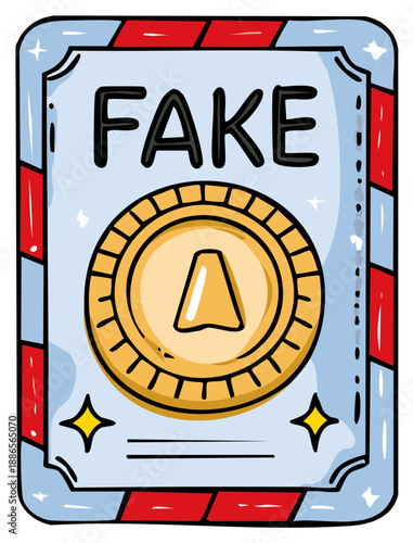 Vibrant Hand-Drawn 'FAKE' Card with Golden Coin and 'A' Symbol, Representing Fraud and Inauthenticity Concept