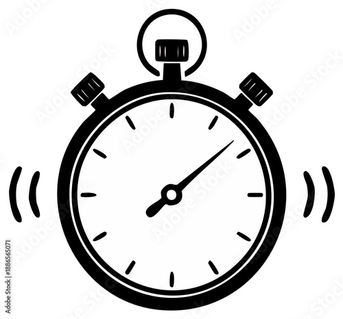 Vintage stopwatch icon ringing, time measuring equipment, seconds count tool in black and white, deadline reminder for urgency