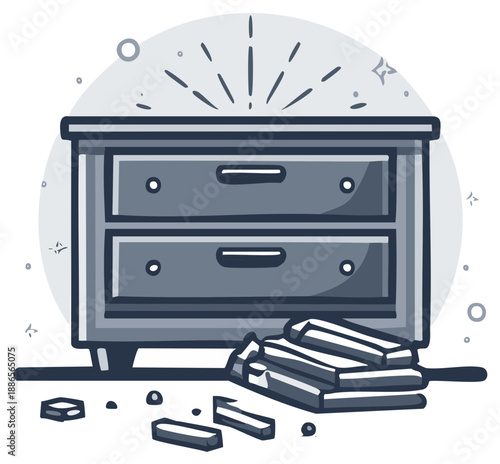 Hand drawn illustration of a vintage chest of drawers with scattered broken drawer fronts and hardware