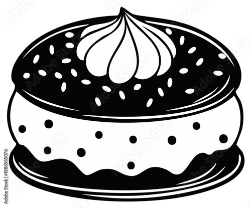 Whimsical Black and White Illustration of a Delicious Frosted Pastry with Cream Swirl