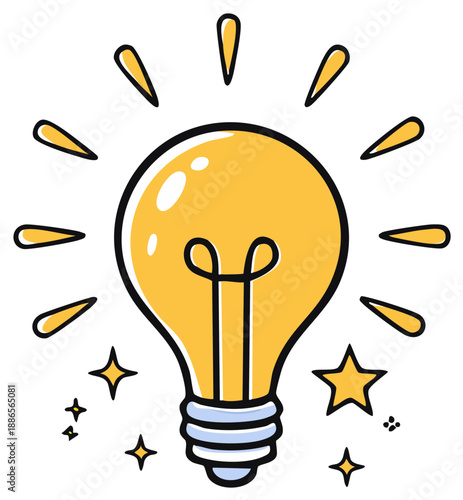 Bright glowing lightbulb with rays and stars cartoon illustration representing a new idea