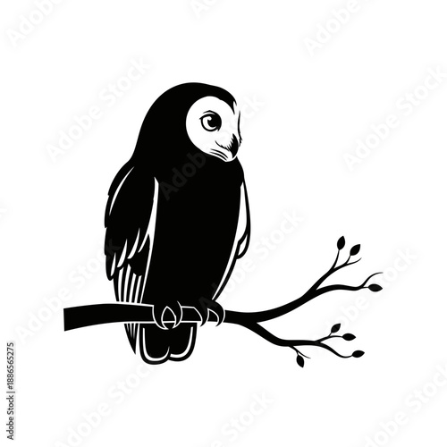 Owl Sitting on Branch Silhouette Night Bird Vector Icon Isolated on White Background Wisdom Nature