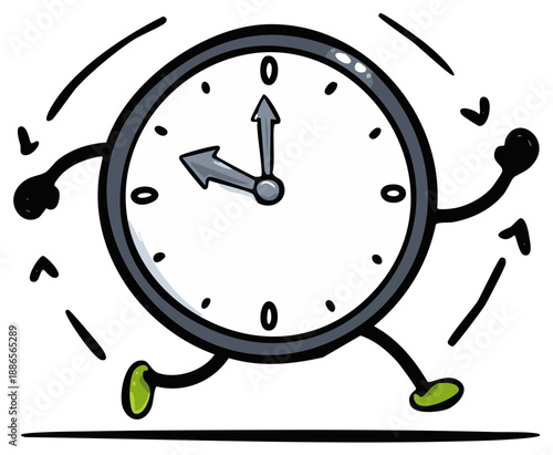 Cartoon clock character running with arms and legs, conveying urgency and time passing