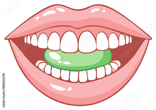 Open mouth showing teeth and a green lozenge, sore throat remedy illustration