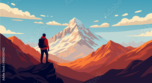 Vector illustration Lone hiker on mountain peak admiring vast snow-capped range under sky. Scalable e.eps design for adventure