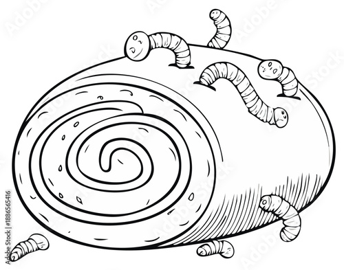 Cartoon worms crawling on a round, swirled object