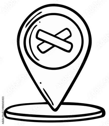 Hand-drawn location pin icon with a cross symbol indicating a closed or unavailable place.