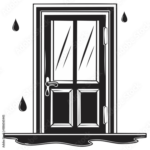 Door with water droplets and puddle illustrating a leak or overflow incident