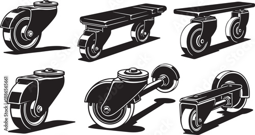 Various Furniture Casters and Wheels in Black and White