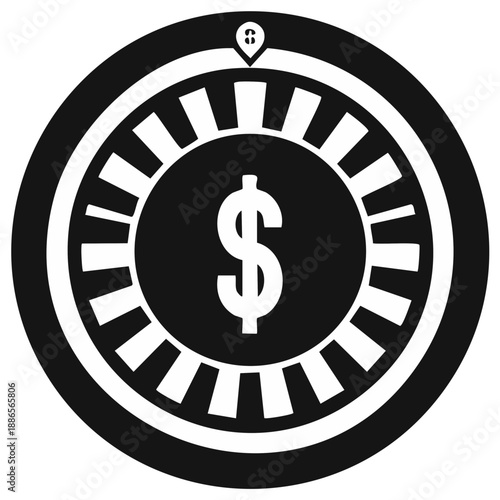 Casino chip icon with dollar sign and location marker in black and white.