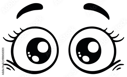 Cartoon Eyes with Eyelashes and Eyebrows Expression Illustration Black and White
