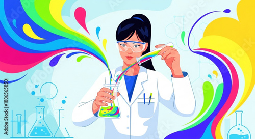 Female scientist mixing colorful liquids in a laboratory setting with vibrant swirls