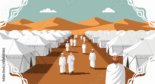 Detailed vector illustration depicting a large pilgrimage encampment in a vast desert landscape with numerous white tents and walking pilgrims