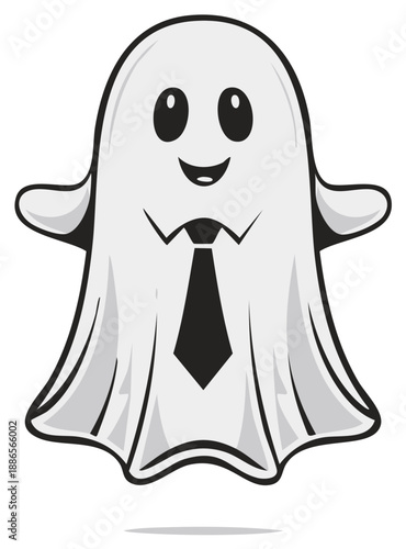 Charming cartoon ghost in a black tie, representing a friendly spectral entity in formal attire.