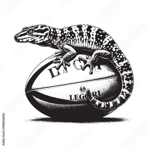 Lizard sitting on rugby ball with legori text