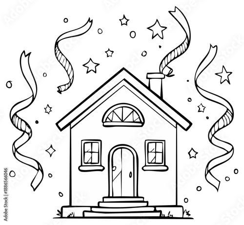 Wallpaper Mural Festive Celebration House Drawing with Streamers and Stars Black and White Hand Drawn Home for Graphic Design Torontodigital.ca