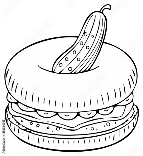 Wallpaper Mural Whimsical outline drawing of a bagel sandwich with a pickle sticking out of the top hole Torontodigital.ca