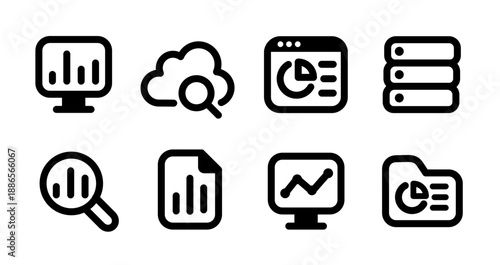 Data analysis statistics computer hardware storage search icons set