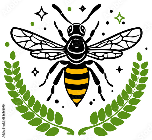 Wallpaper Mural Stylized honey bee emblem with a green laurel wreath and decorative sparkles. Vector insect illustration for organic products. Torontodigital.ca