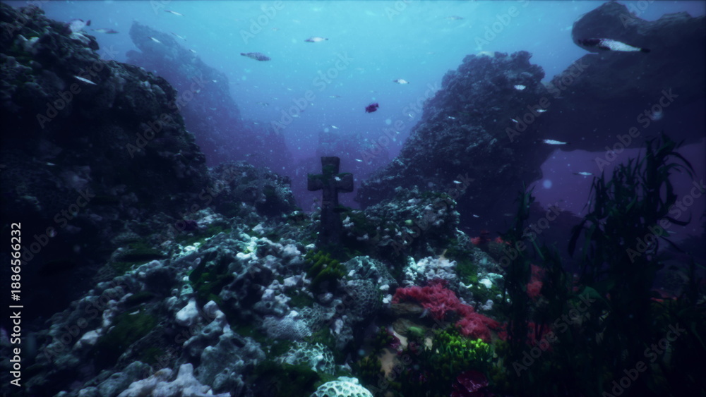 Obraz premium Vibrant coral reefs surround a mysterious cross submerged in deep blue water. Schools of colorful fish swim through the scene, creating a captivating underwater landscape.