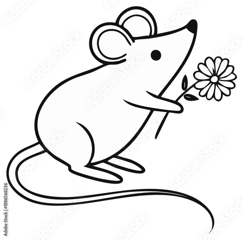 Wallpaper Mural Cute cartoon mouse holding a flower, simple line art illustration, adorable rodent character with floral gift Torontodigital.ca