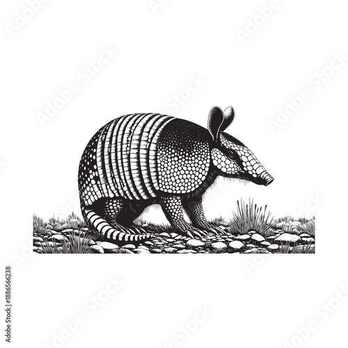 Armadillo walking through a rocky terrain