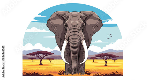 Stunning vector illustration of a majestic elephant with large tusks, standing prominently in a vibrant savanna landscape under a clear sky, depicting wildlife and nature's beauty