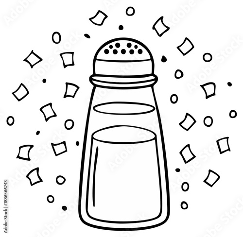 Cartoon salt shaker illustration with confetti around it, seasoning concept