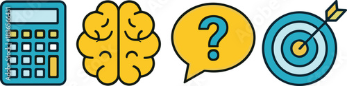 Problem-solving icons, analytical thinking, brain power, question mark, goal achievement, calculator, speech bubble, target icon, strategic success, intelligence symbols, learning tools,