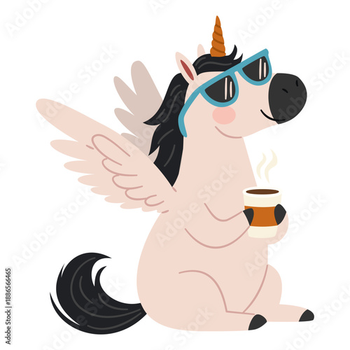 A cute pegasus unicorn sits drinking coffee wearing sunglasses. Flat vector illustration in a simple children's style. . Vector illustration