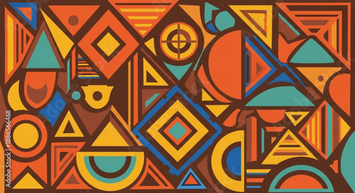 Vibrant geometric pattern with triangles circles and squares in orange yellow blue and teal hues on brown background