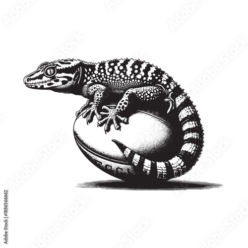Lizard sitting on a rugby ball