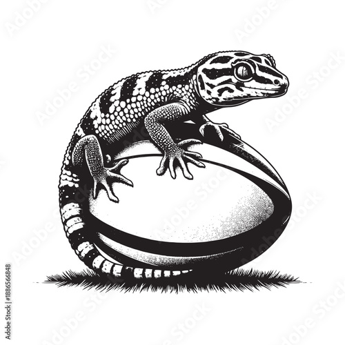Lizard sitting on top of a rugby ball