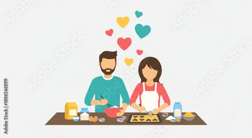 Couple cooking together with love hearts floating above happy kitchen scene